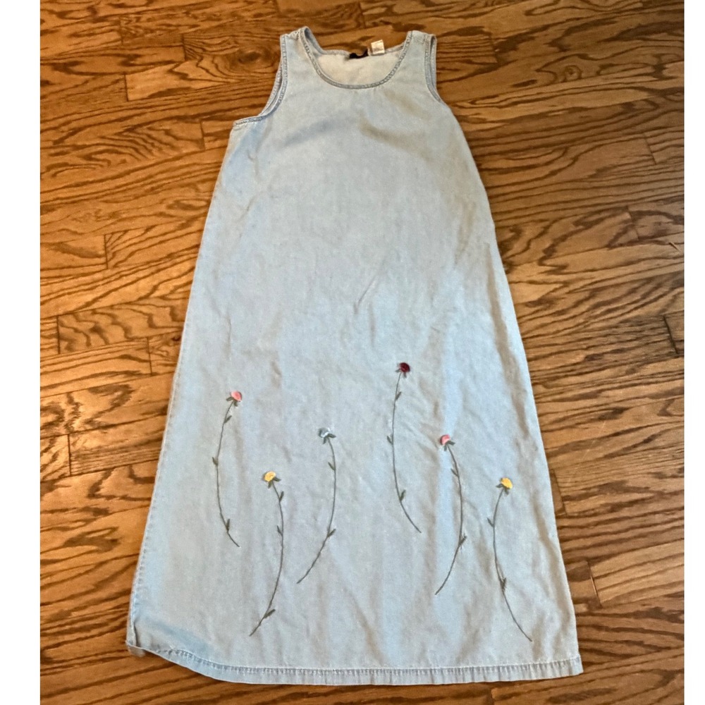 Vintage Lemon Grass Womens L Denim Maxi Dress Embroidered Floral Sleeveless Blue